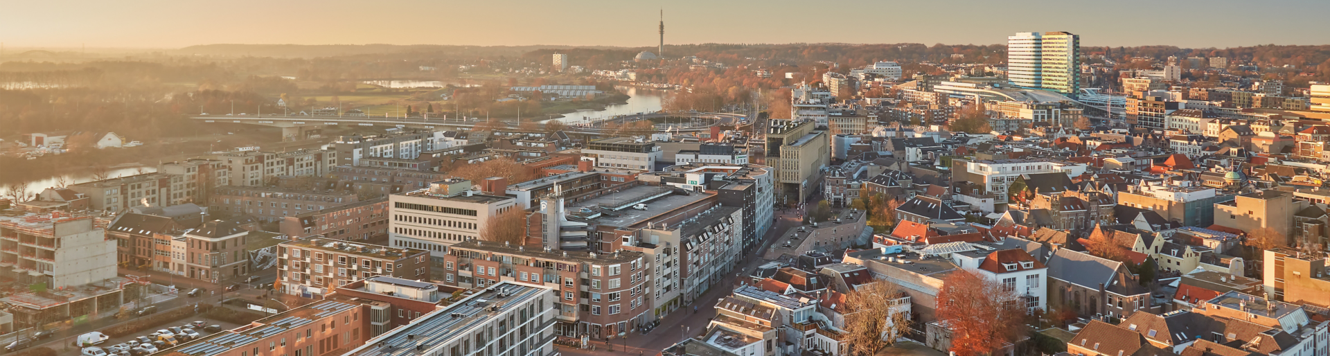 Aerial afternoon view of the city center of Arnhem, The Netherlands