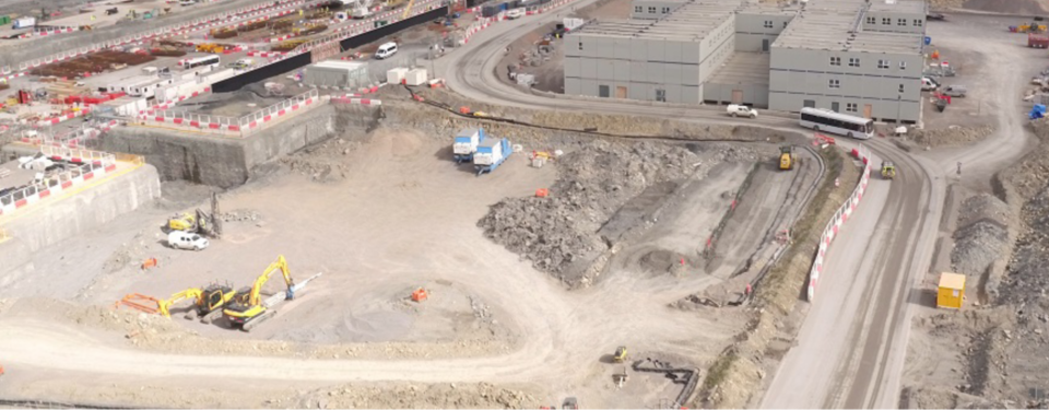 Aerial view of the north office and galleries under construction