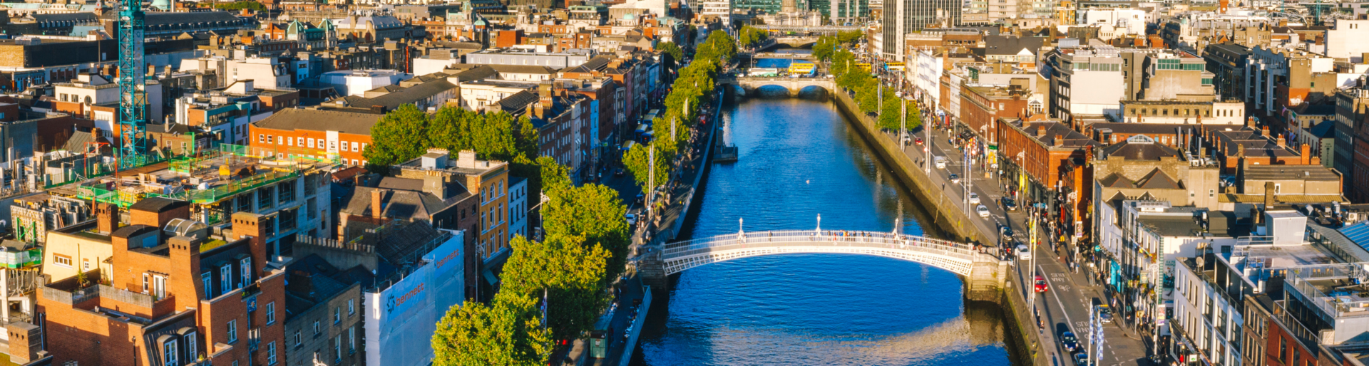 Dublin aerial with Ha'penny bridge during sunset in Dublin, Ireland