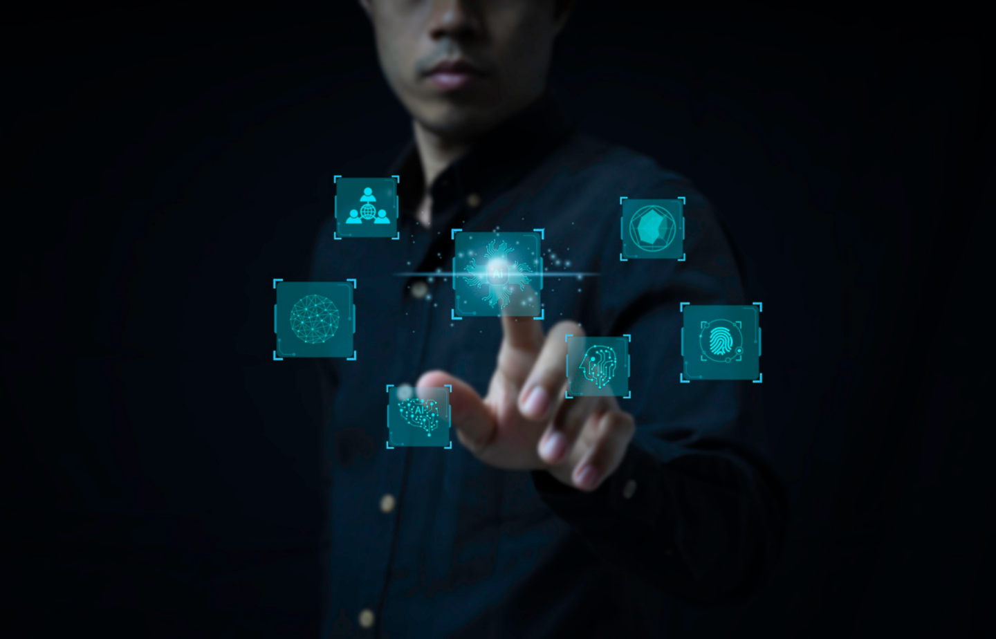 Businessman pointing fingerprint scan provides security access with biometrics identification, Modern technologies, cloud data storage