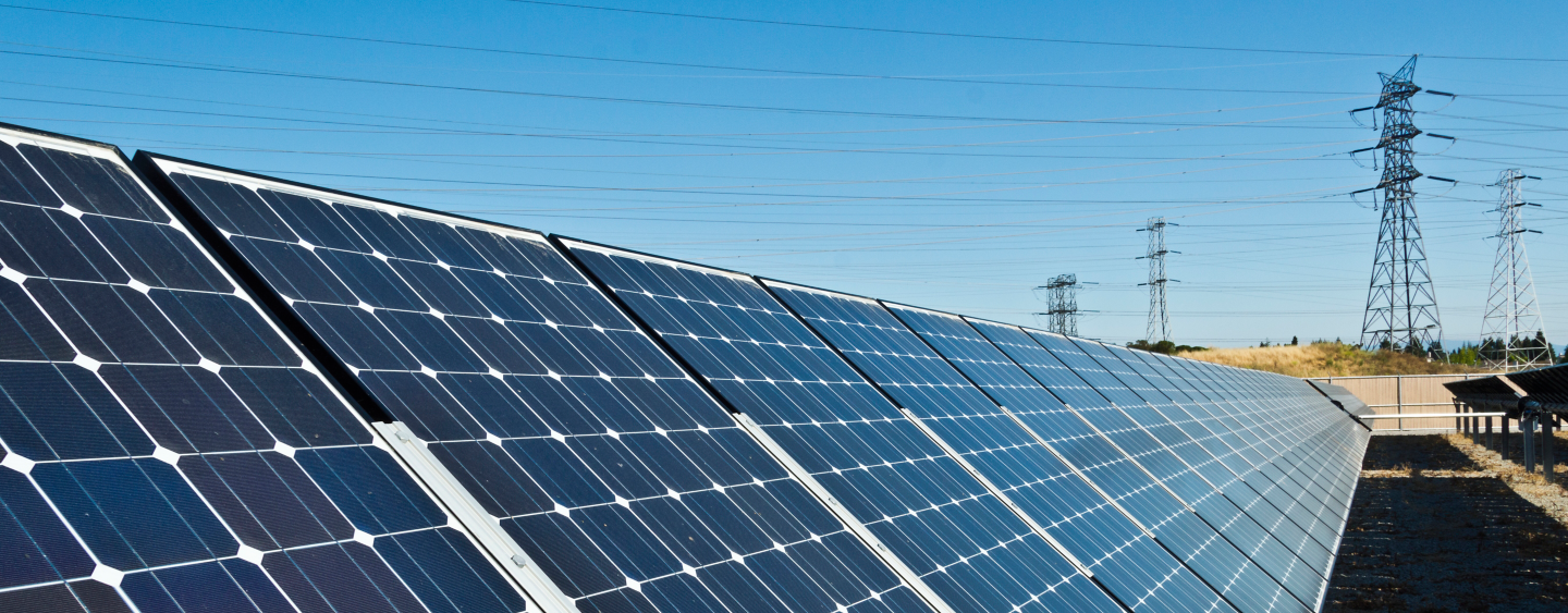 Solar panels feed utility lines at a location in the San Francisco Bay Area.