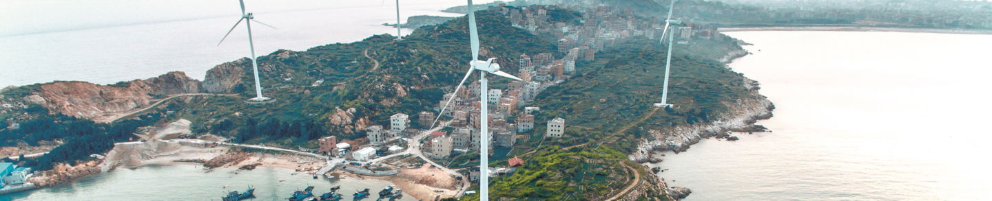 Bird's eye view of wind farm on small island, China