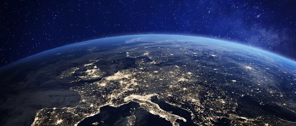 Europe at night from space, city lights, elements from NASA
