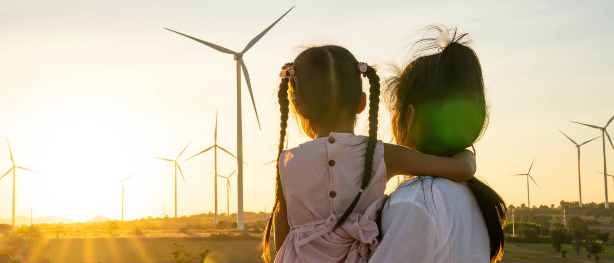 Wind turbines are alternative electricity sources, the concept of sustainable resources, People in the community with wind generators turbines, Renewable energy.