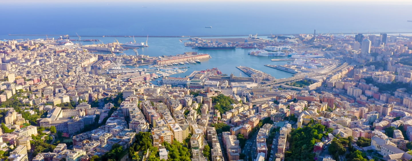 Genoa, Italy. Central part of the city, aerial view. Ships in the port, Aerial View  