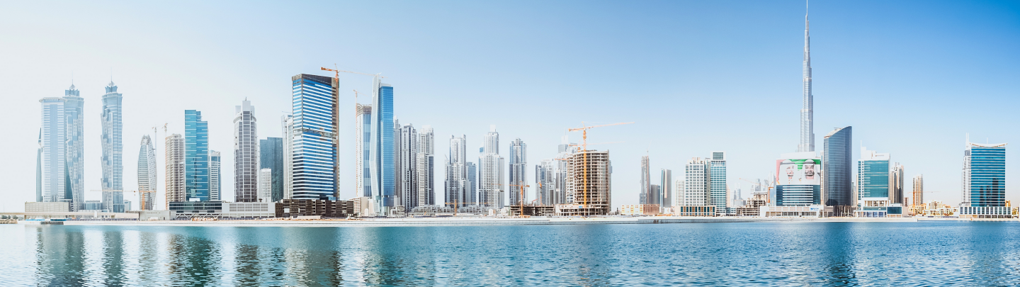 Views of Dubai skyline Business Bay with Burj Khalifa.