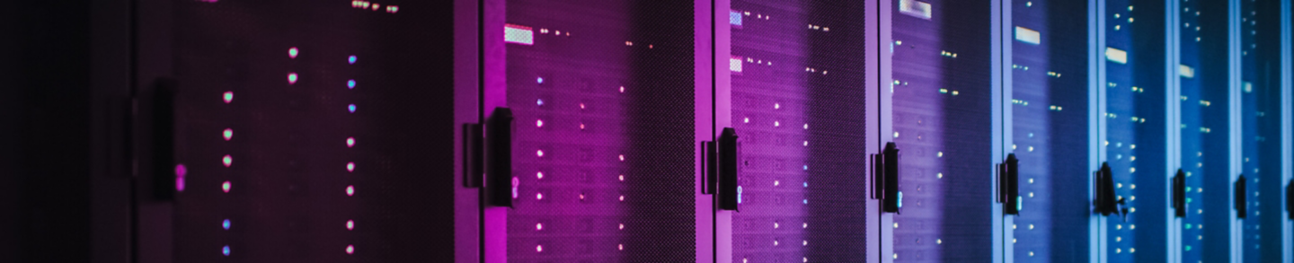 Shot of Dark Data Center With Multiple Rows of Fully Operational Server Racks. Modern Telecommunications, Cloud Computing, Artificial Intelligence, Database, Supercomputer. Pink Neon Light.