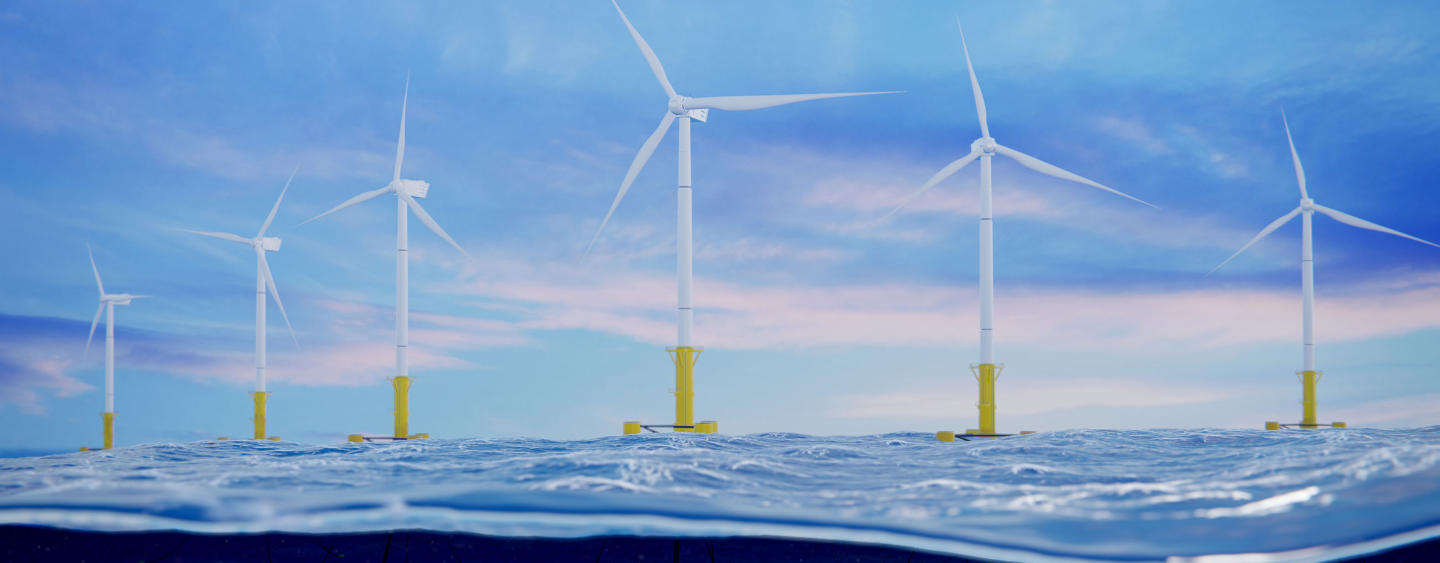 3d rendering of an offshore wind farm with view of submarine cables