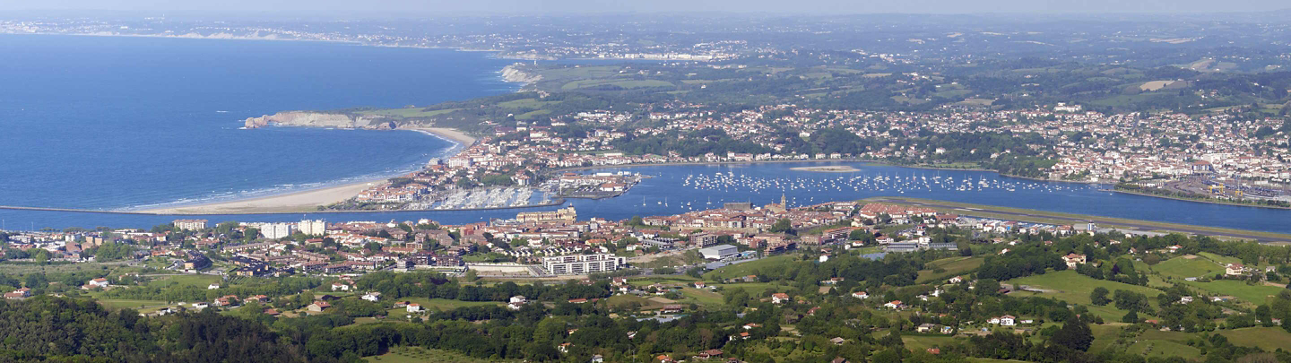 Panoramic of the border between Spain and France from Jaizkibel, are the towns of Hendaye, Hondarribia, and the French coast of the Atlantic Pyrenees