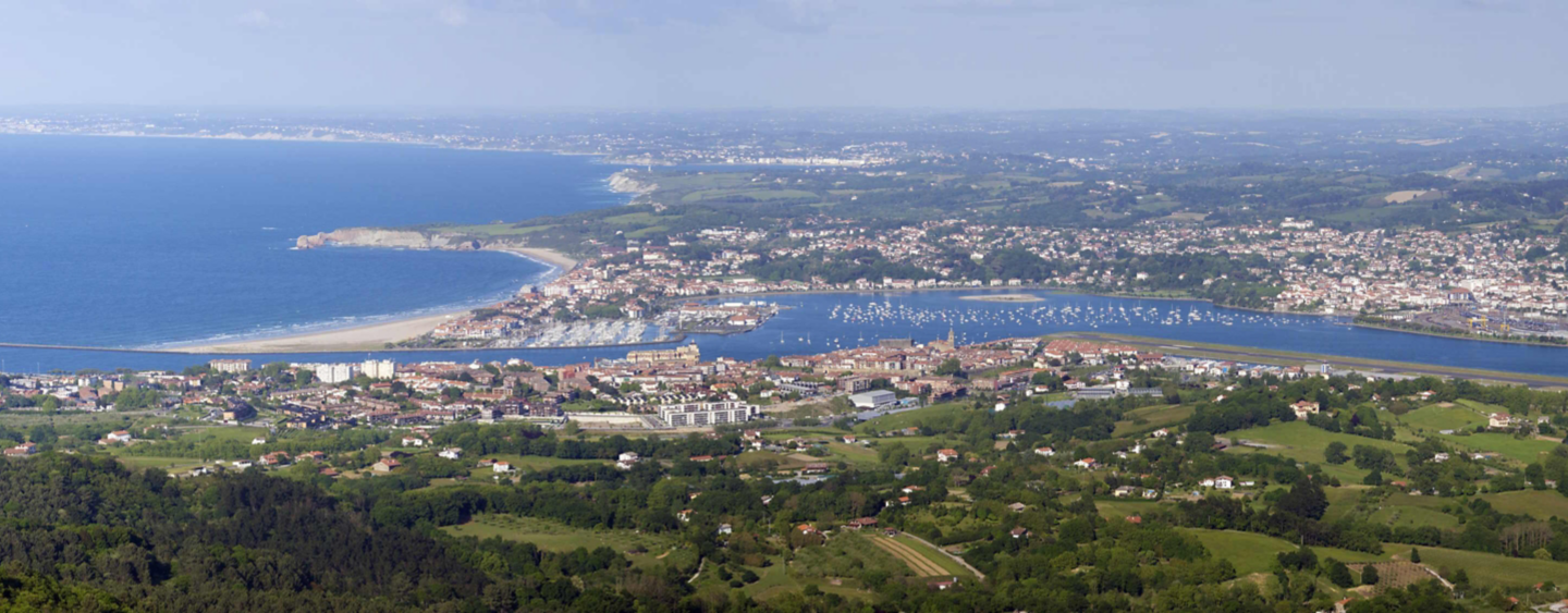 Panoramic of the border between Spain and France from Jaizkibel, are the towns of Hendaye, Hondarribia, and the French coast of the Atlantic Pyrenees