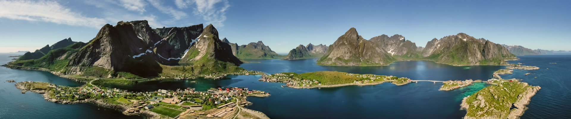 Panorama Lofoten is an archipelago in the county of Nordland, Norway. Is known for a distinctive scenery with dramatic mountains and peaks, open sea and sheltered bays, beaches and untouched lands.