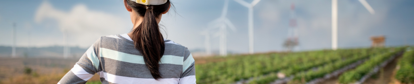Woman engineer or architect with white safety hat and wind turbines on background