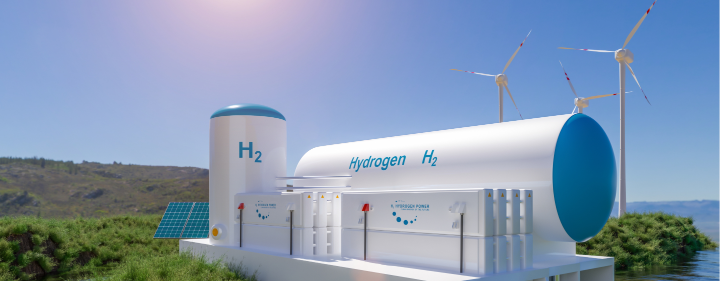 hydrogen gas for clean electricity solar and windturbine facility.