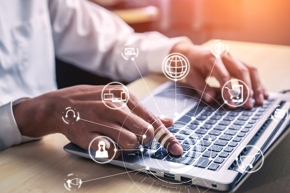 Omni channel technology of online retail business. Multichannel marketing on social media network platform offer service of internet payment channel, online retail shopping and omni digital app.