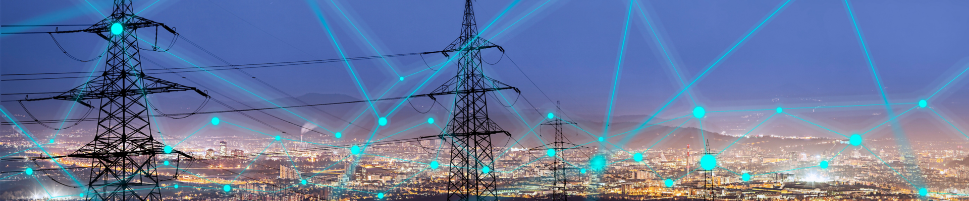 High power electricity poles in urban area connected to smart grid. Energy supply, distribution of energy, transmitting energy, energy transmission, high voltage supply concept photo. 