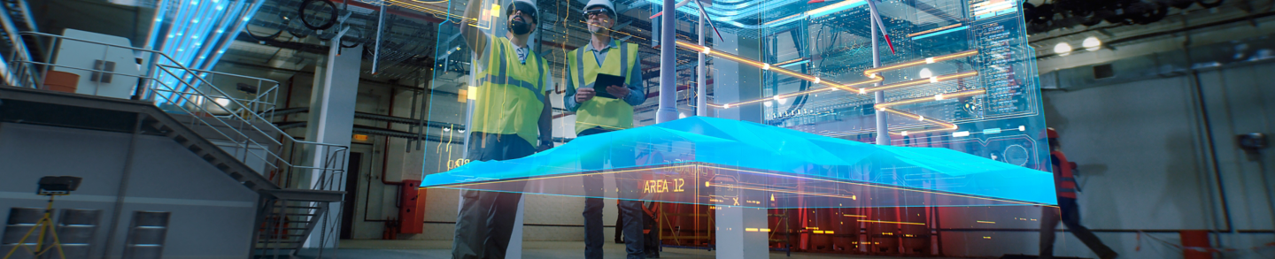 Low angle of male colleagues in vests and hardhats examining and discussing 3D plan of modern wind power station in workshop of factory