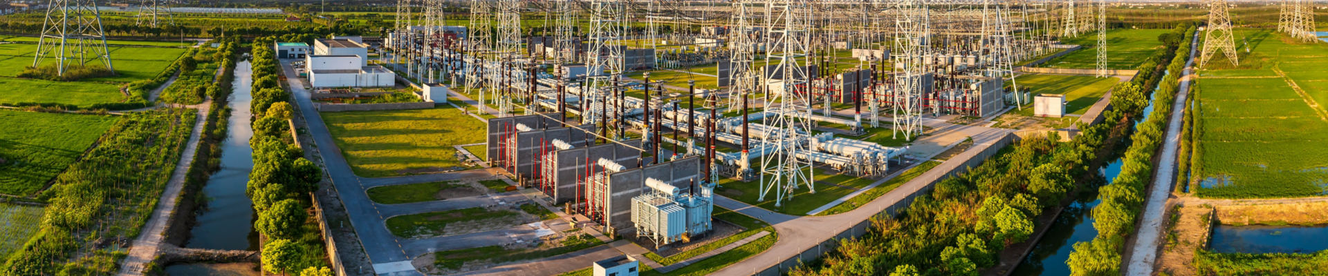 Aerial view of a high voltage substation.