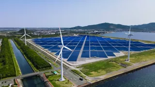 Solar power farm aerial view. Renewable energy.