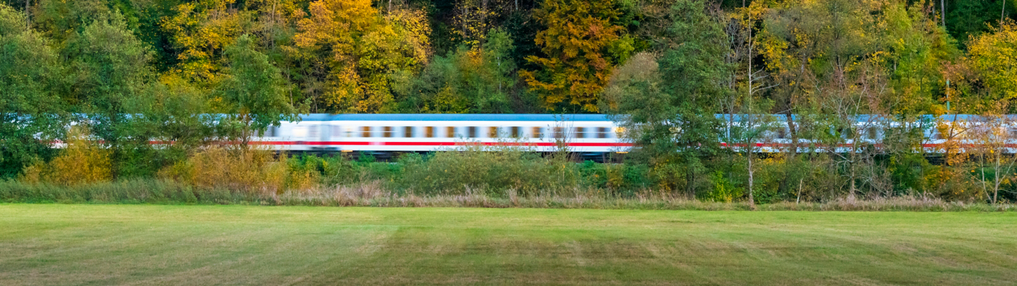 High speed intercity train traveling through autumn forest